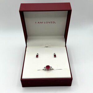 Helzberg Diamonds Sterling Silver Ruby & CZ Ring & Earrings Jewelry Set Box 7.5